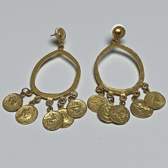 Susan Shaw Signed Gold Coin Hoop Dangle Post Earrings Roman Revival) - Picture 4 of 10